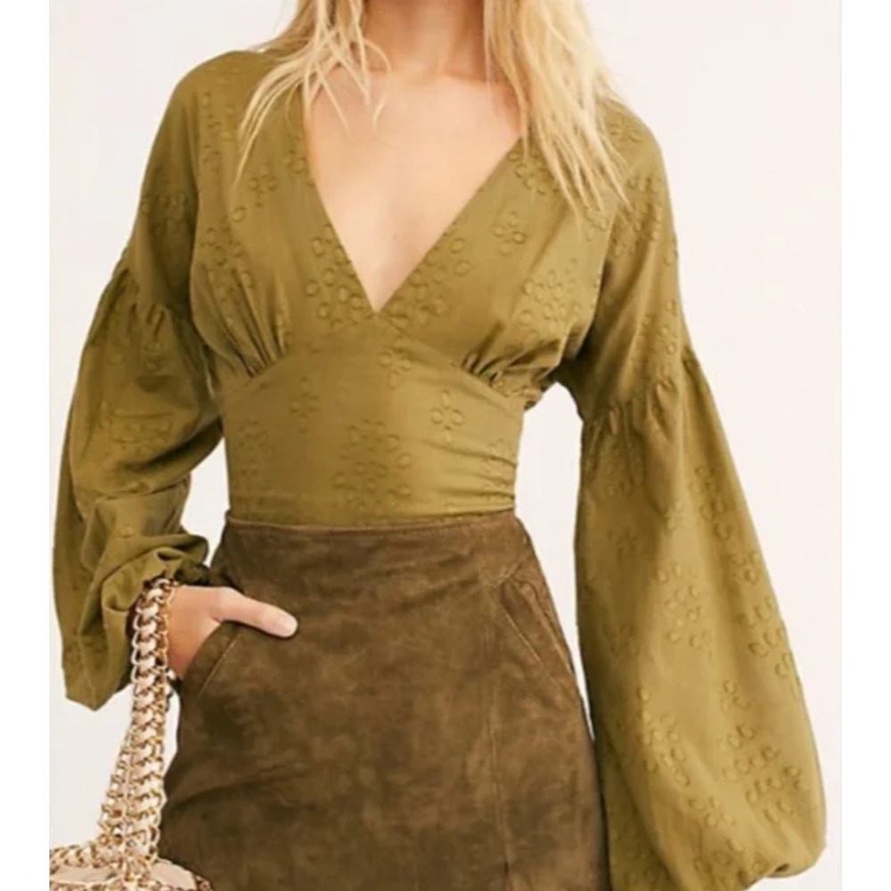 Free People Plunge Neck Long Sleeve Poplin Top Green Embroidered Womens Medium